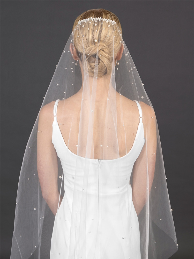 38" Fingertip Drop Veil - Fabulous Pearl Wrapped Comb with Scattered Pearl & Rhinestone Tulle
4705V-I-38