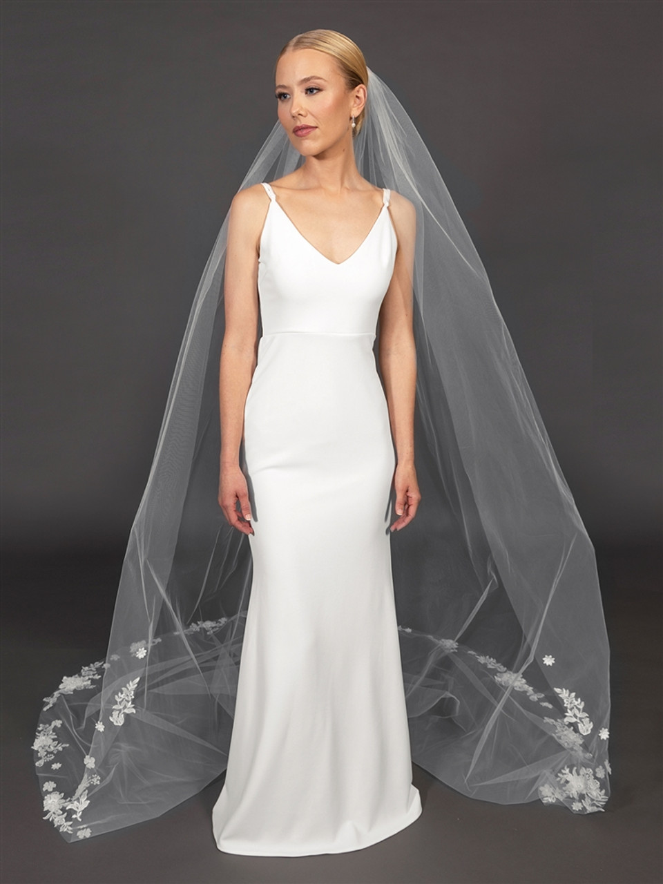 Cathedral Length 108" Bridal Veil with Dimensional Floral Lace Applique Stations
4722V-I-108