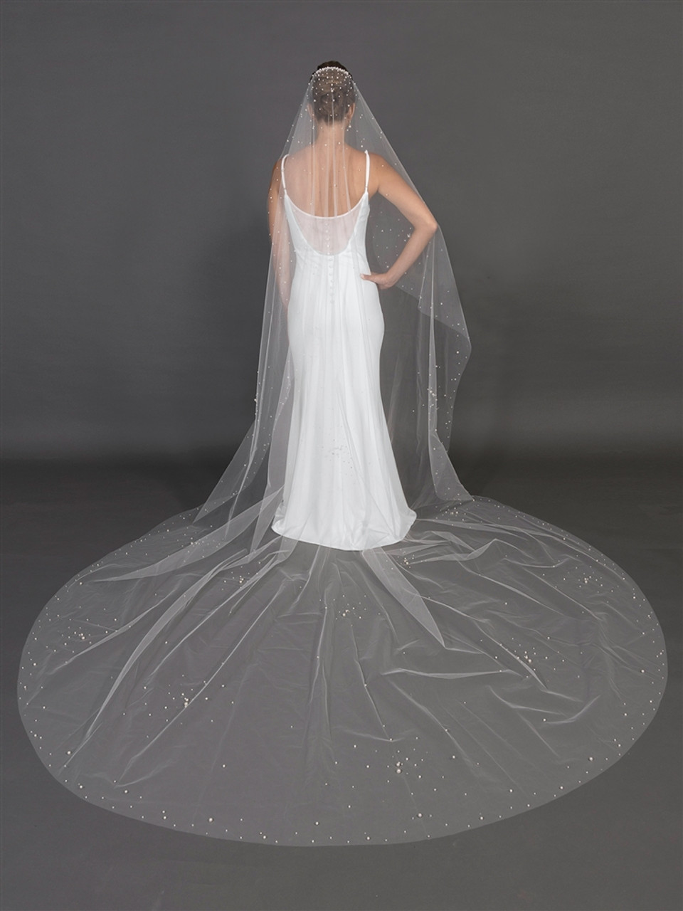 120" L x 108" w Royal Cathedral Veil - Luxe Pearl Wrapped Comb with Scattered Pearl & Crystal Tulle - 4706V-I-120
