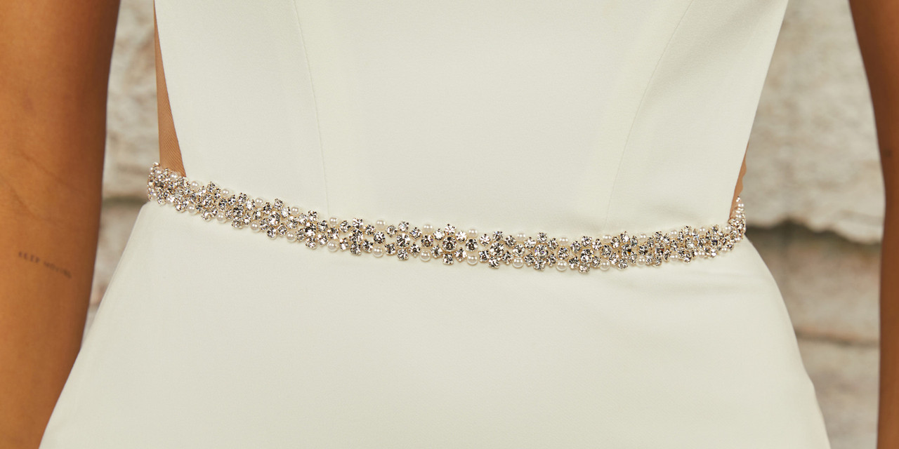 En Vogue Bridal Sash BT2473 clear rhinestones and pearl beads