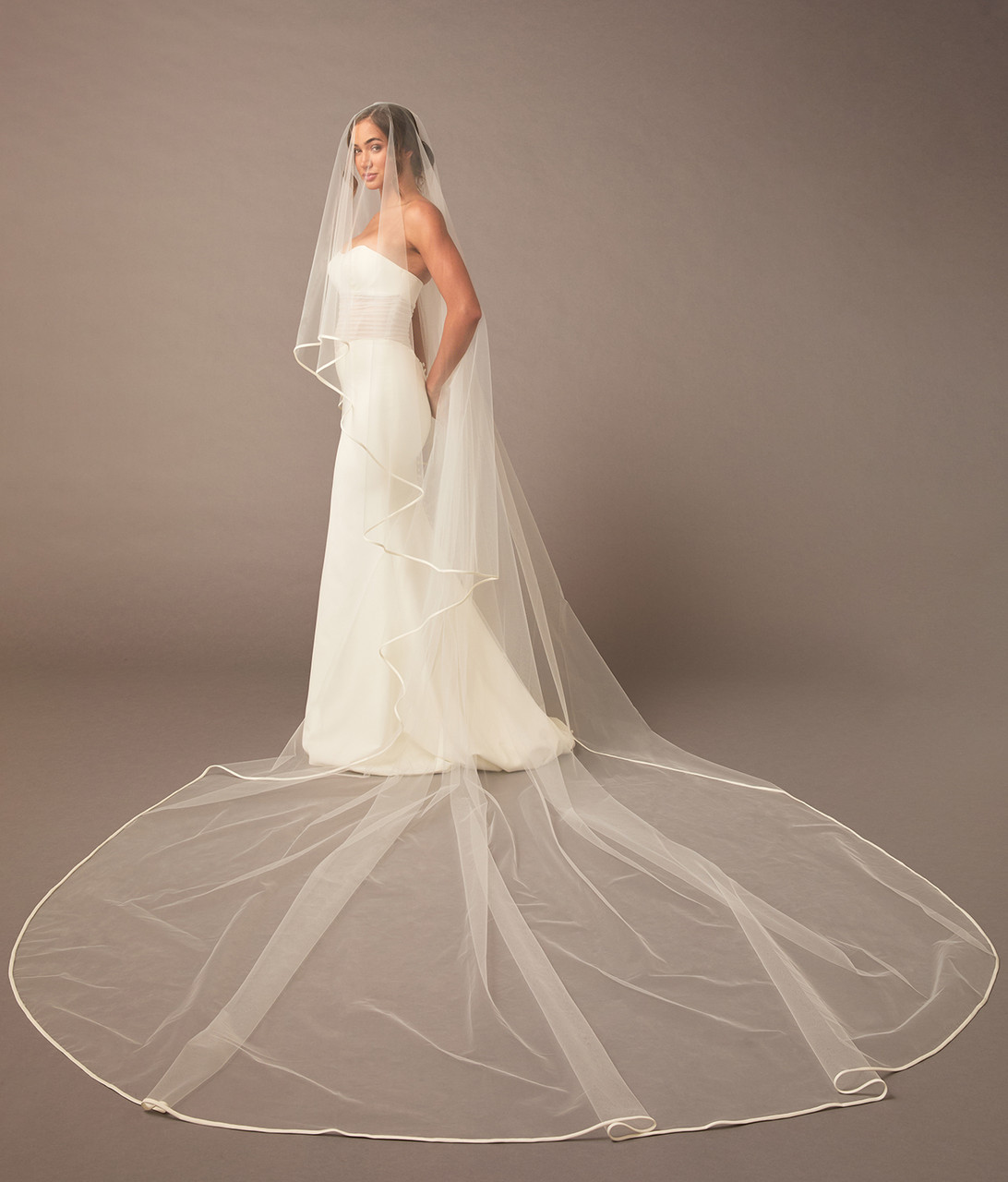 En Vogue Bridal Cathedral Style V2479WRC-M - Satin Ribbon Edge, Mantilla Style With Blusher - 36" Long