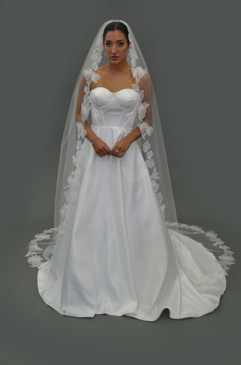 Elena Designs Cathedral Veil E1636 - Sheer embroidered floral edge veil - 120L