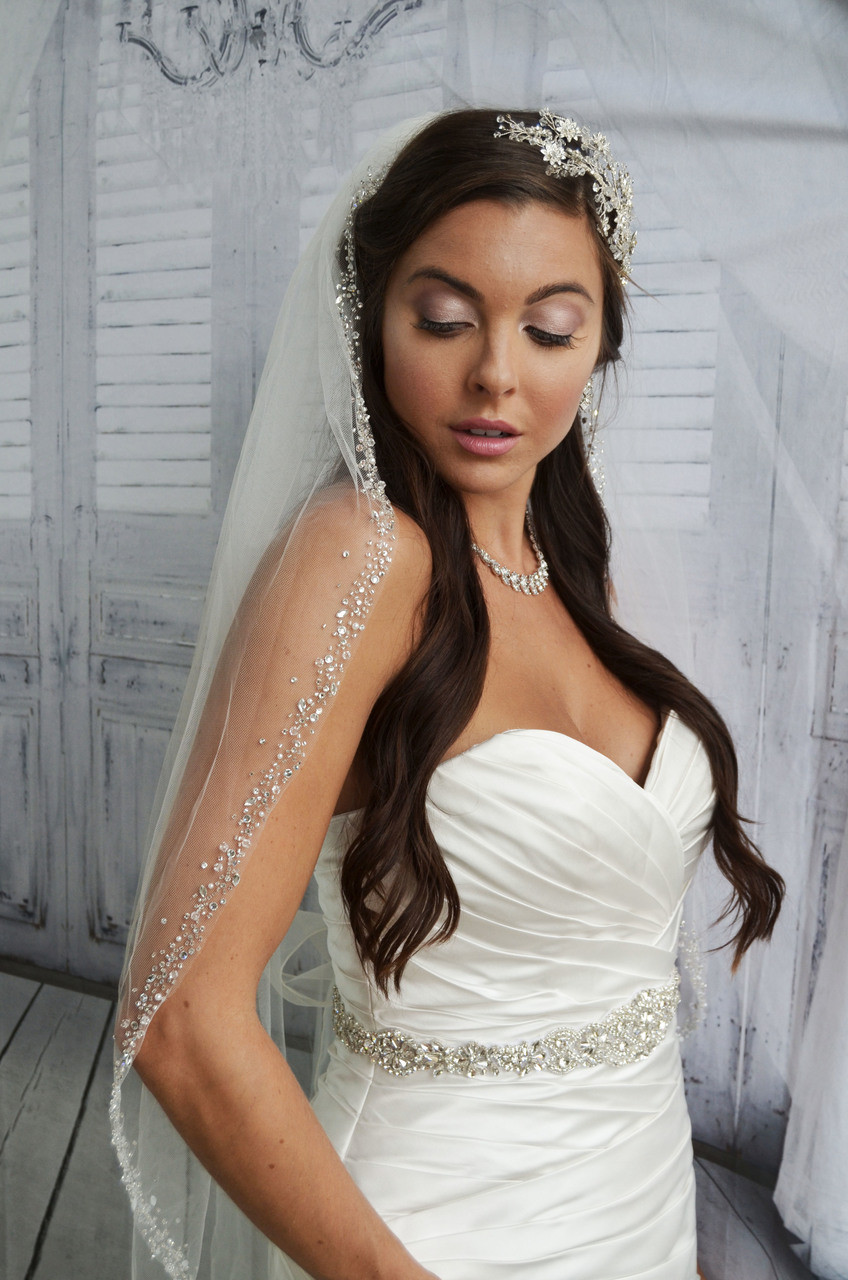 Ansonia Bridal Veil Style 739L - 108" - Heavy Beaded Cathedral Edge Veil With Bugle Beads and Pearls