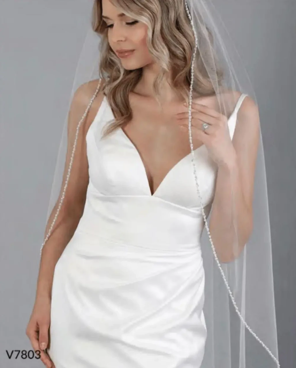 Bel Aire Bridal Veils V7803 - Waltz Length Pearl & Sequin Edge Veil - Quick Ship Ivory