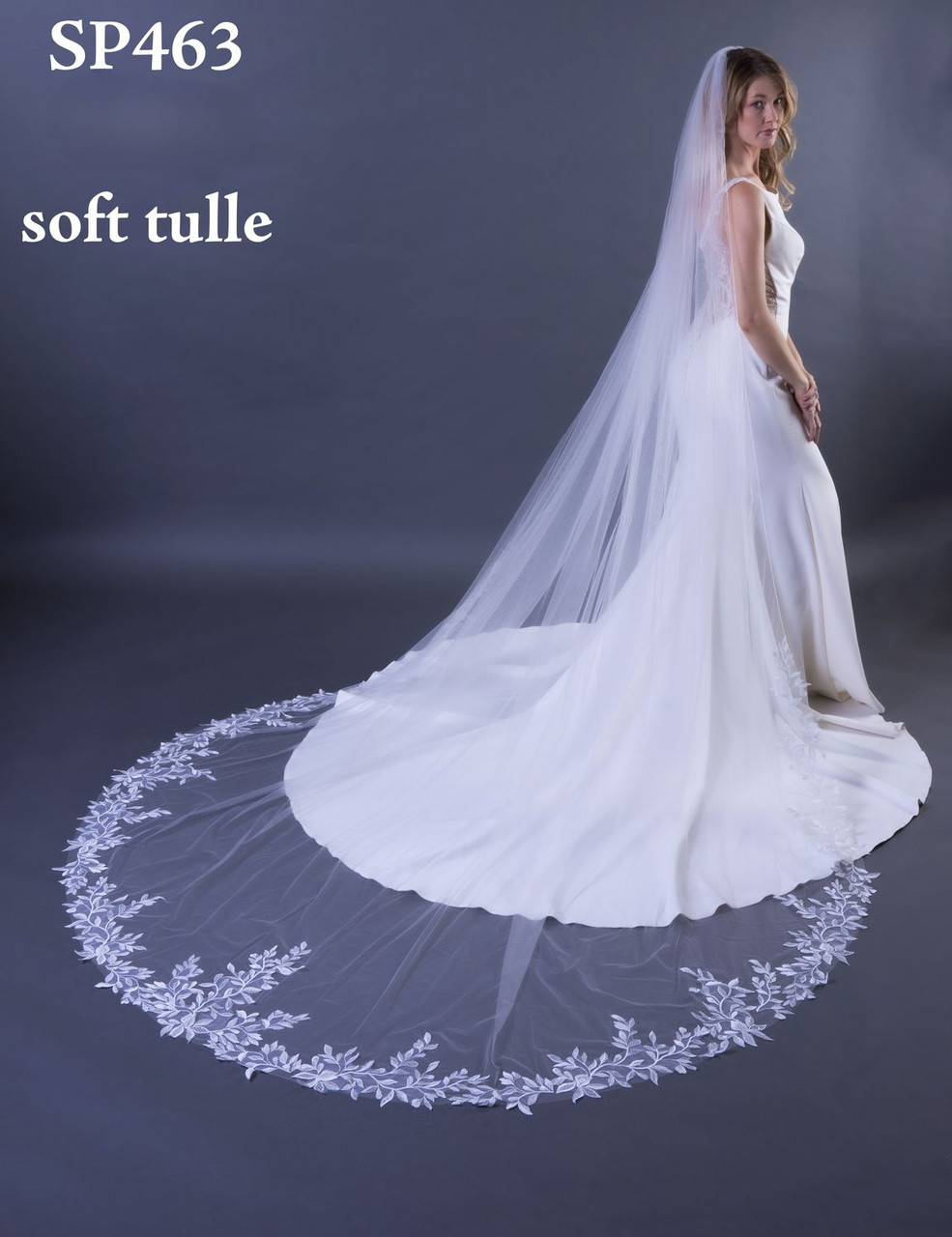 Giselle Bridals SP463 Cathedral Soft tulle veil with leaf lace detail  - 120"L x 108"W - Quick Ship Ivory 