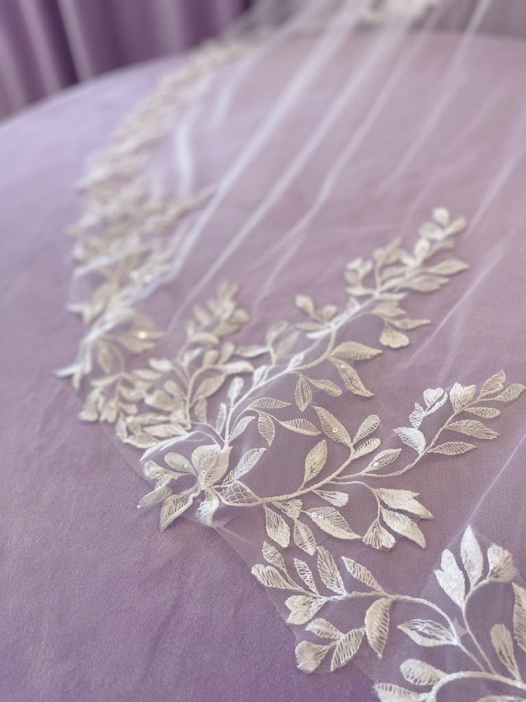 Giselle Bridals SP463 Cathedral Soft tulle veil with leaf lace detail  - 120"L x 108"W - Quick Ship Ivory 