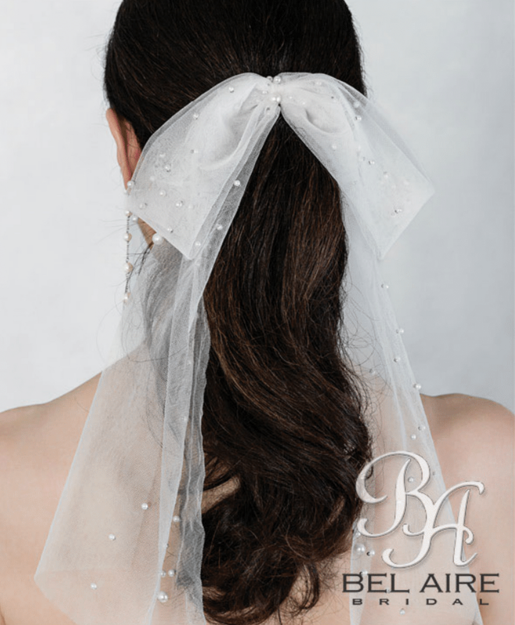  Bel Aire Bridal 2287 Tulle Scattered Pearl Bow on Clip - Quick Ship Ivory 
