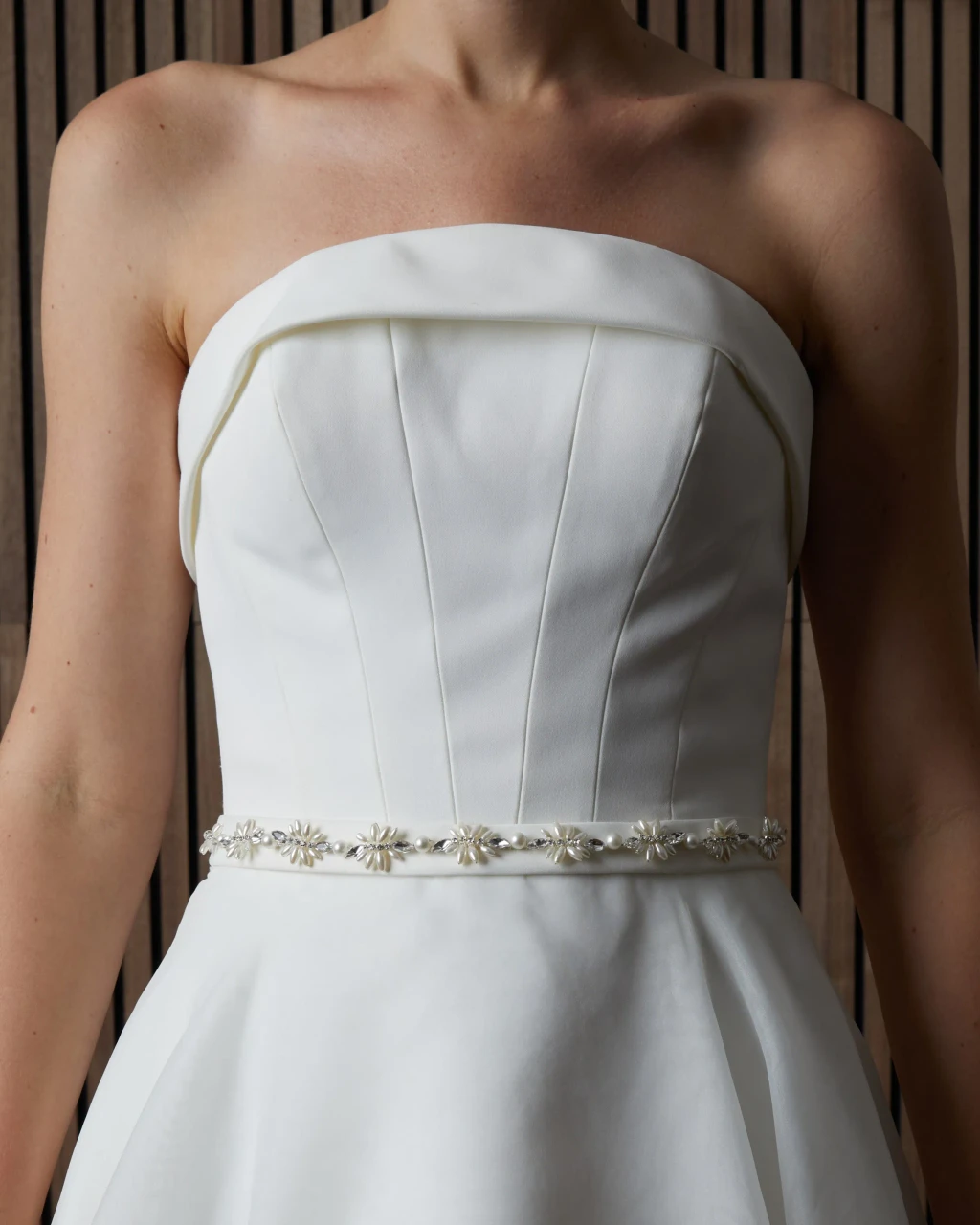 Marionat Bridal Belt 1128 - Pearl and rhinestone belt with organza ribbon ties 