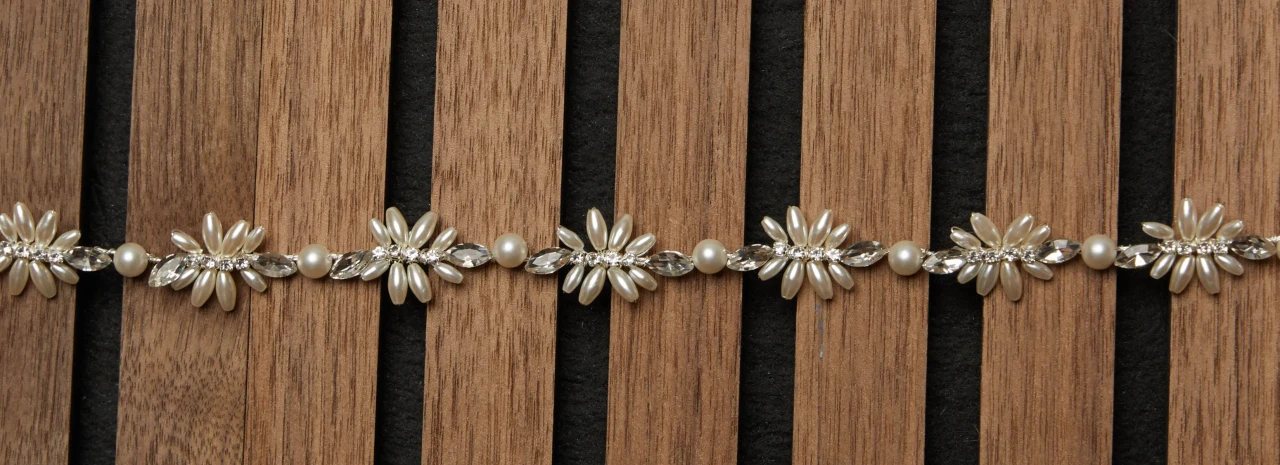 Marionat Bridal Belt 1128 - Pearl and rhinestone belt with organza ribbon ties 
