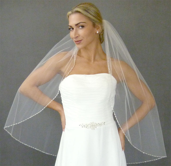 LC Bridal  V2313-290 Silver bugle beads and Austrian crystal beads along veil edge; 36"