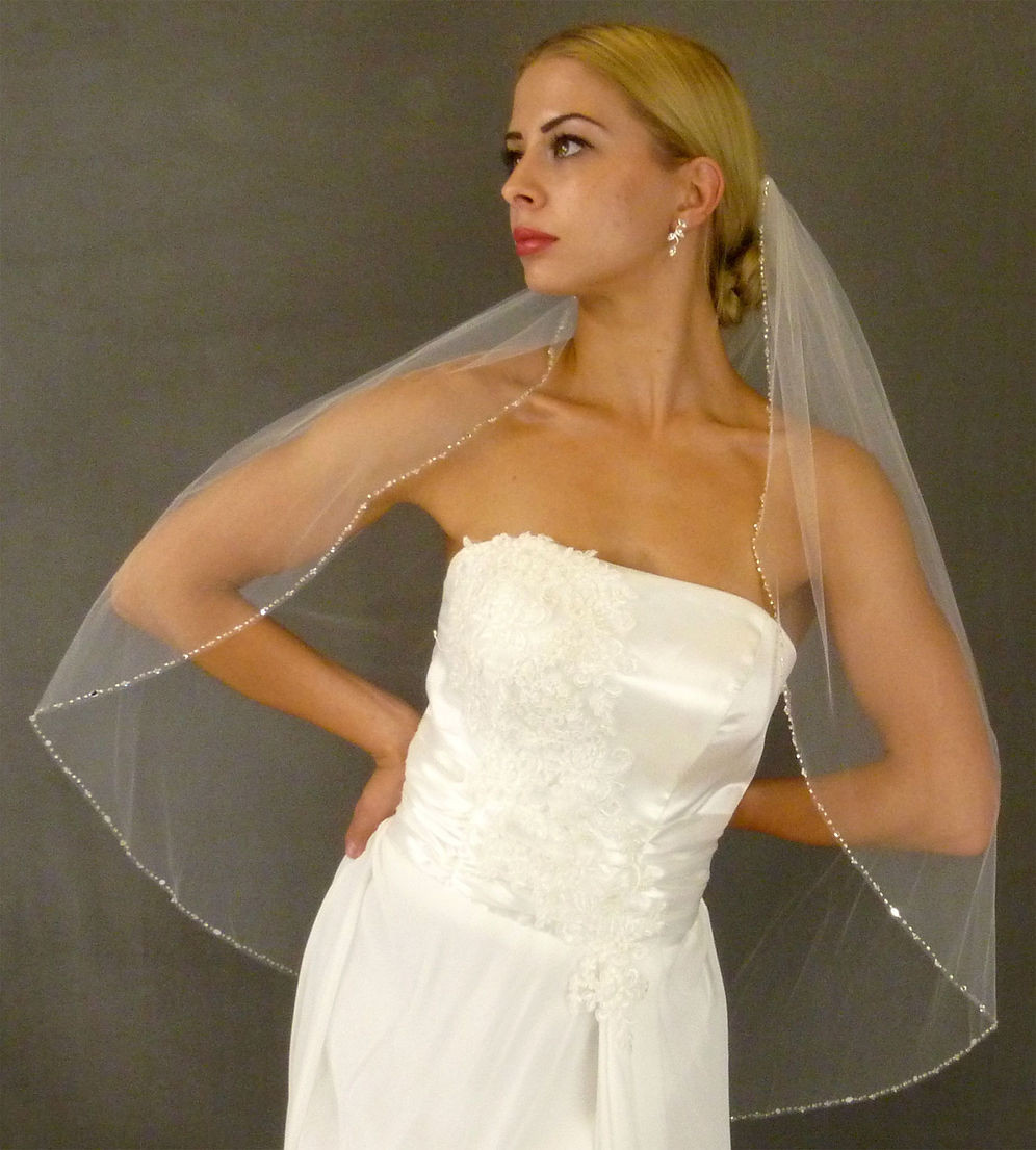 LC Bridal  V2241-390 Hand sewn marquise rhinestone, crystal bead, and bugle bead; 36"