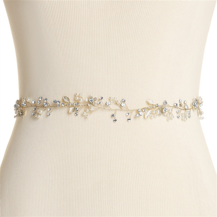 Boho Pearls & Crystal Leaves Hand Wired Gold Floral Vine Bridal Belt on Ivory Ribbon
4663BT-I-LTG