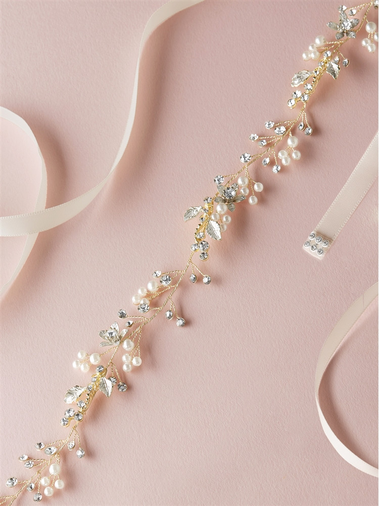 Boho Pearls & Crystal Leaves Hand Wired Gold Floral Vine Bridal Belt on Ivory Ribbon
4663BT-I-LTG