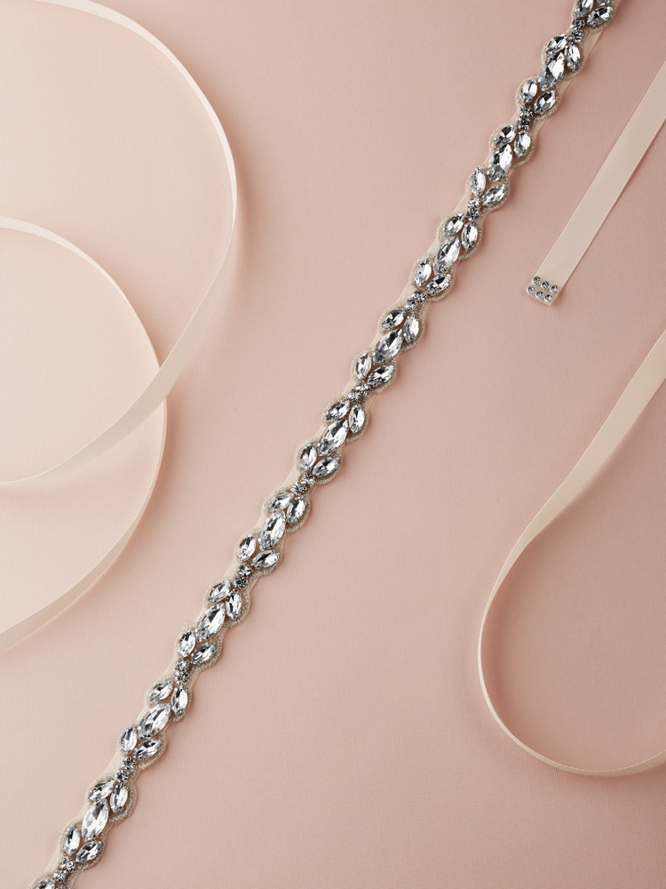 Extra Long 24" Narrow Bridal Belt with Clear Marquis Crystal Applique on Ivory Ribbon
4659BT-I-CR-S