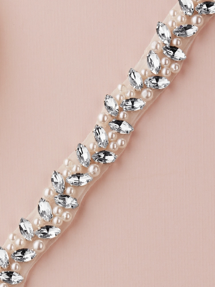 Mariell Bridals Floating Pearls and Marquis Crystals Wedding Belt on Ivory Ribbon 4661BT-I-CR-S