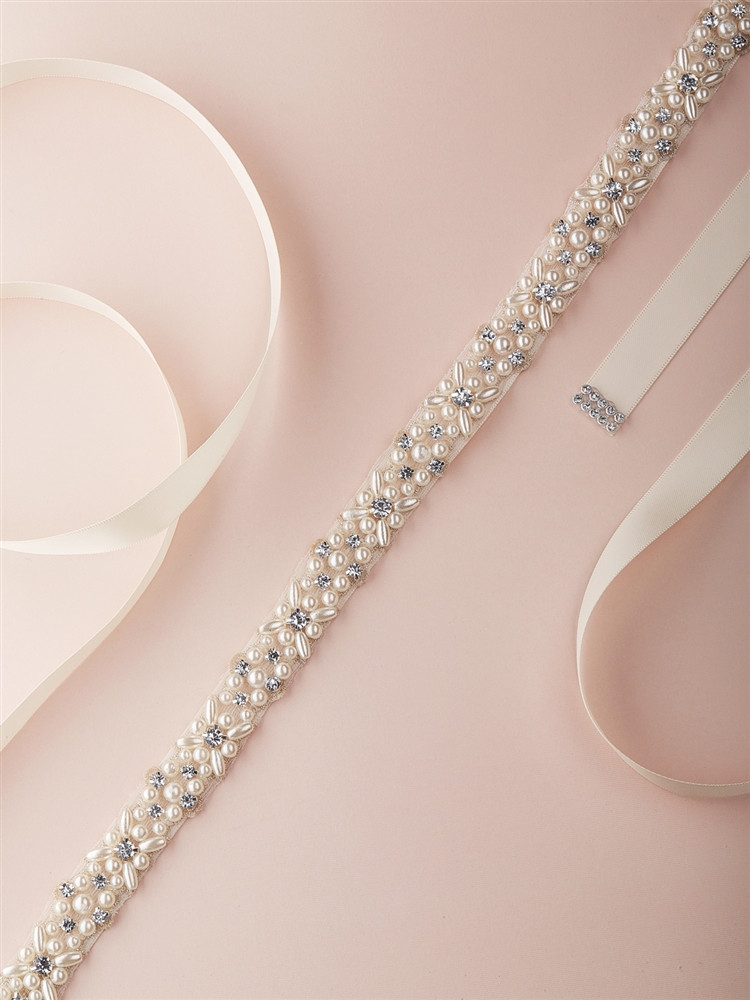 Extra Long 26" Design Ivory Pearl Ribbon Bridal Belt with Crystal Accents
4614BT-I-S-XL
