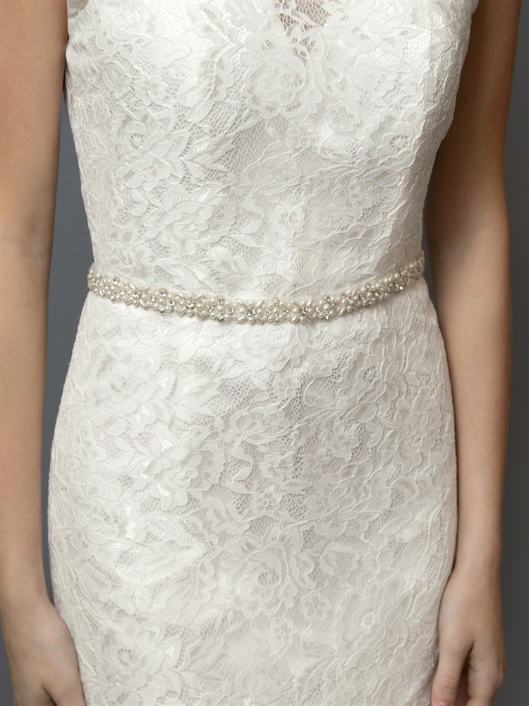 Extra Long 26" Design Ivory Pearl Ribbon Bridal Belt with Crystal Accents
4614BT-I-S-XL