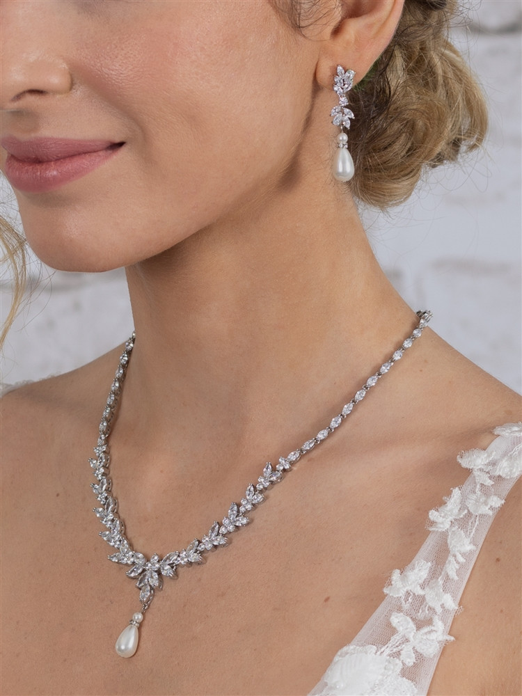 CZ and Pearl Teardrop Statement Bridal Necklace and Earrings Set in Platinum
4646S-I-S