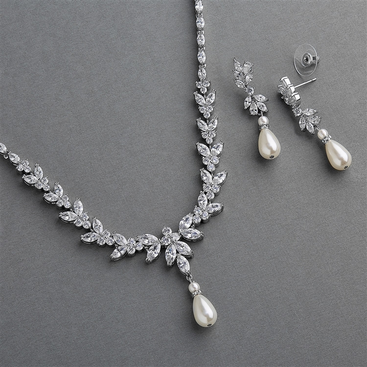 CZ and Pearl Teardrop Statement Bridal Necklace and Earrings Set in Platinum
4646S-I-S