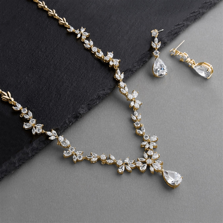  14K Gold Plated CZ Vine Wedding Necklace and Earrings Set
4368S-G