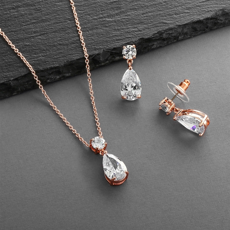 Rose Gold Cubic Zirconia Teardrop Bridal or Bridesmaids Necklace Set
4172S-RG