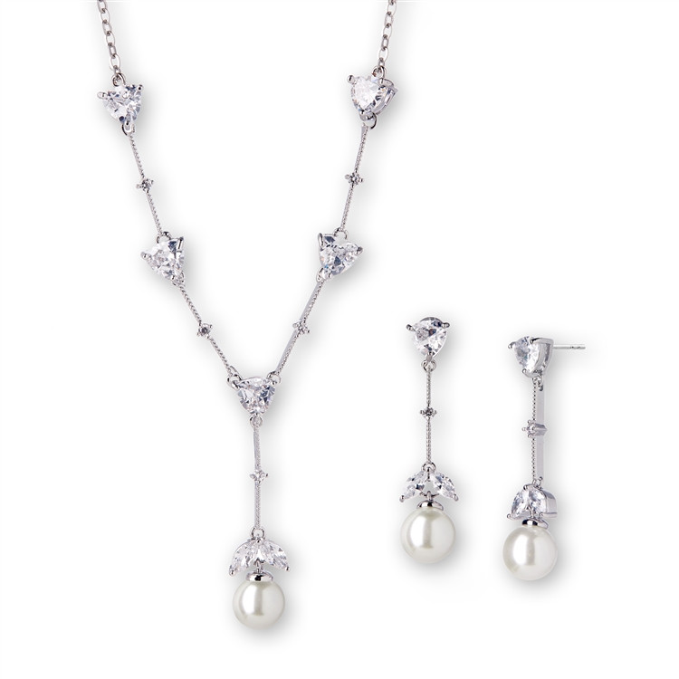 Cubic Zirconia Trillion and Light Ivory Pearl Bridal Necklace and Earrings Set
4648S-I-S