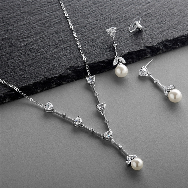 Cubic Zirconia Trillion and Light Ivory Pearl Bridal Necklace and Earrings Set
4648S-I-S