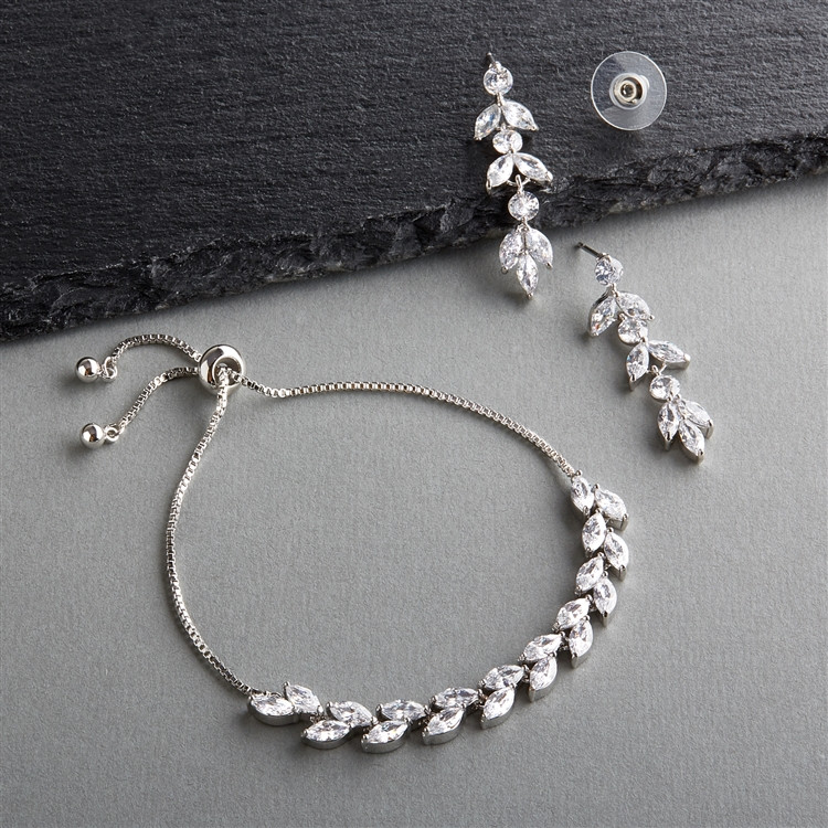 CZ Silver Platinum Bridal Bracelet & Dangle Earrings Set with Adjustable Slider Chain
4621BS-S