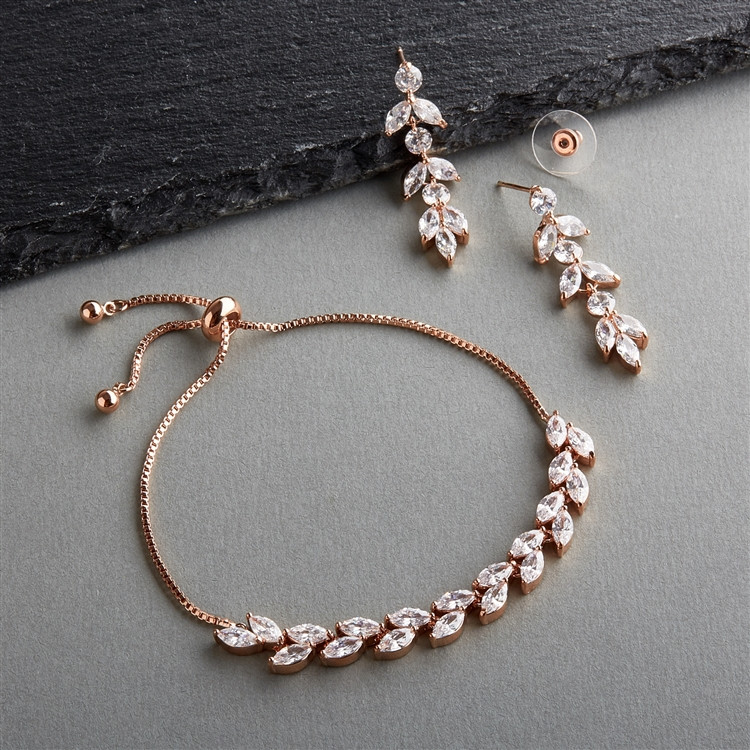 CZ Bracelet & Dangle Earrings Set in Rose Gold with Adjustable Slider Chain
4621BS-RG