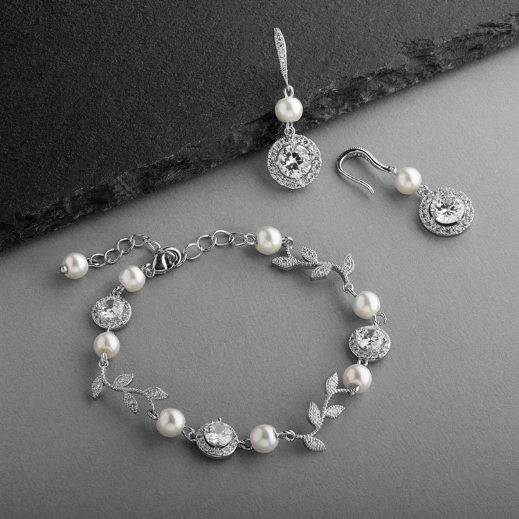 Ivory Pearl and CZ Vine Bridal Bracelet and Earrings Set
4589BS-I-S
