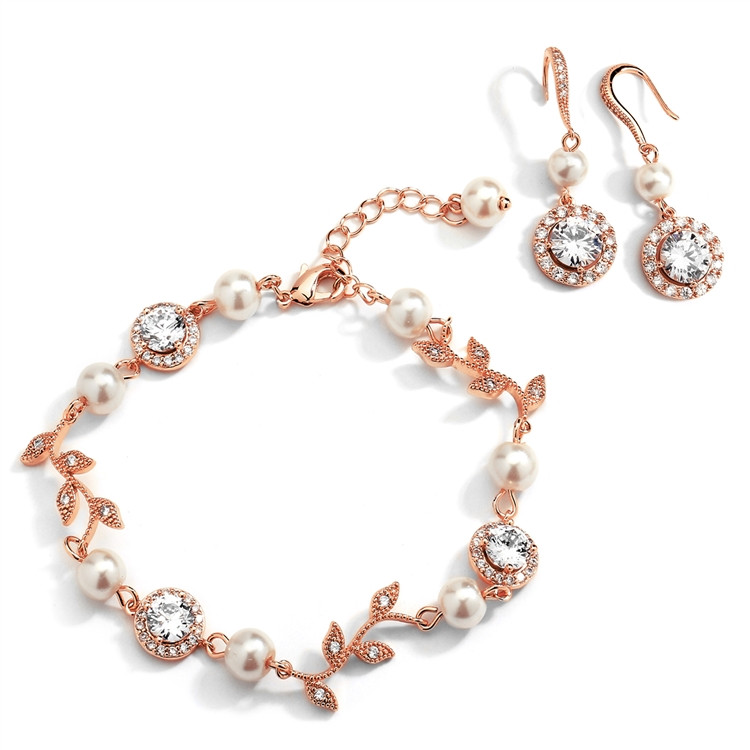 Ivory Pearl and Cubic Zirconia Bridal Bracelet and Earrings Set in Rose Gold
4589BS-I-RG