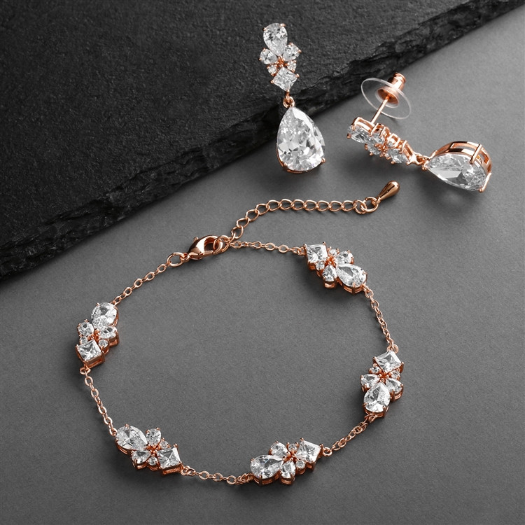 CZ Multi-Shape 14K Rose Gold Bracelet and Earrings Set with Adjustable Chain
4592BS-RG