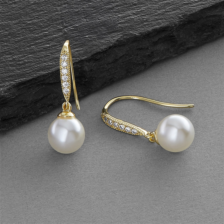Vintage Micro Pave CZ French Wire Bridal Earrings with Ivory Pearl Drops
4561E-I-G