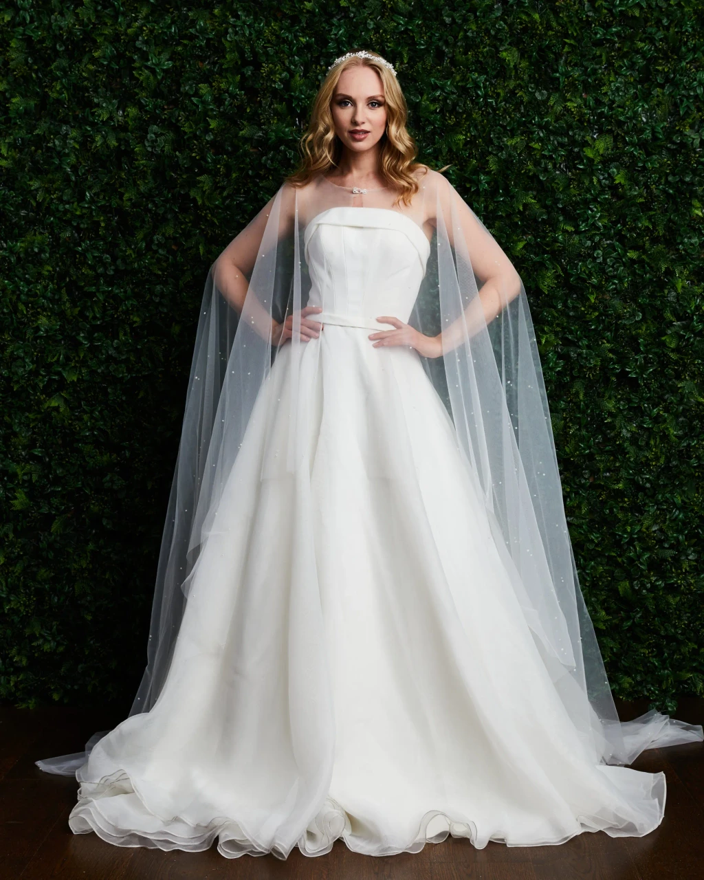 Marionat Bridal 7115 Pearl scattered cape on silky tulle - 80” long
