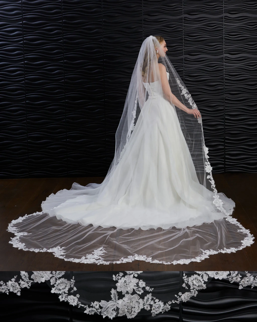 Marionat Bridal Veils 3914 - Scalloped veil (5 scallops) with cut out floral lace with beads, sequins, pearls and rhinestones - 130L