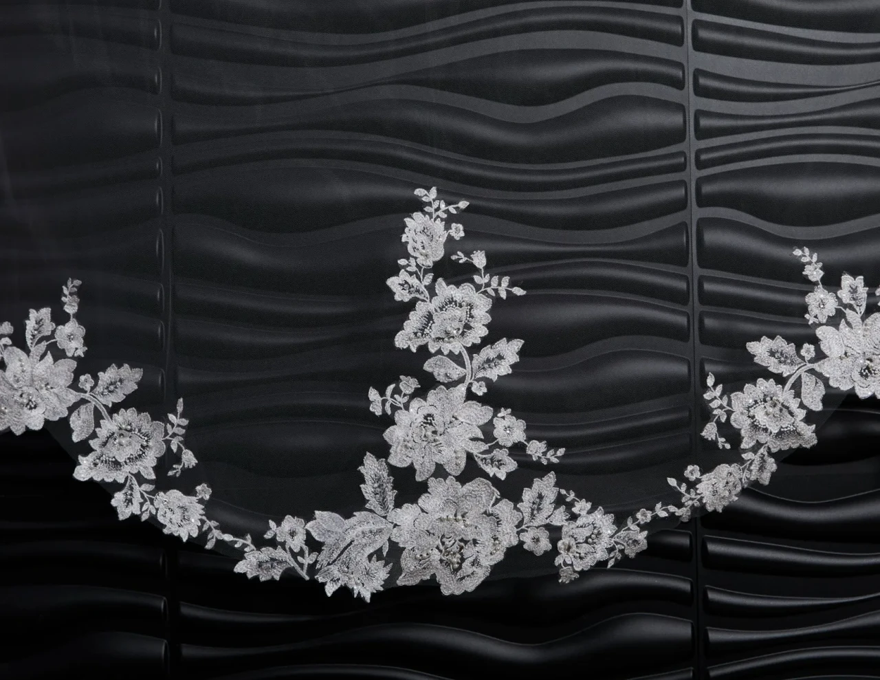 Marionat Bridal Veils 3914 - Scalloped veil (5 scallops) with cut out floral lace with beads, sequins, pearls and rhinestones - 130L