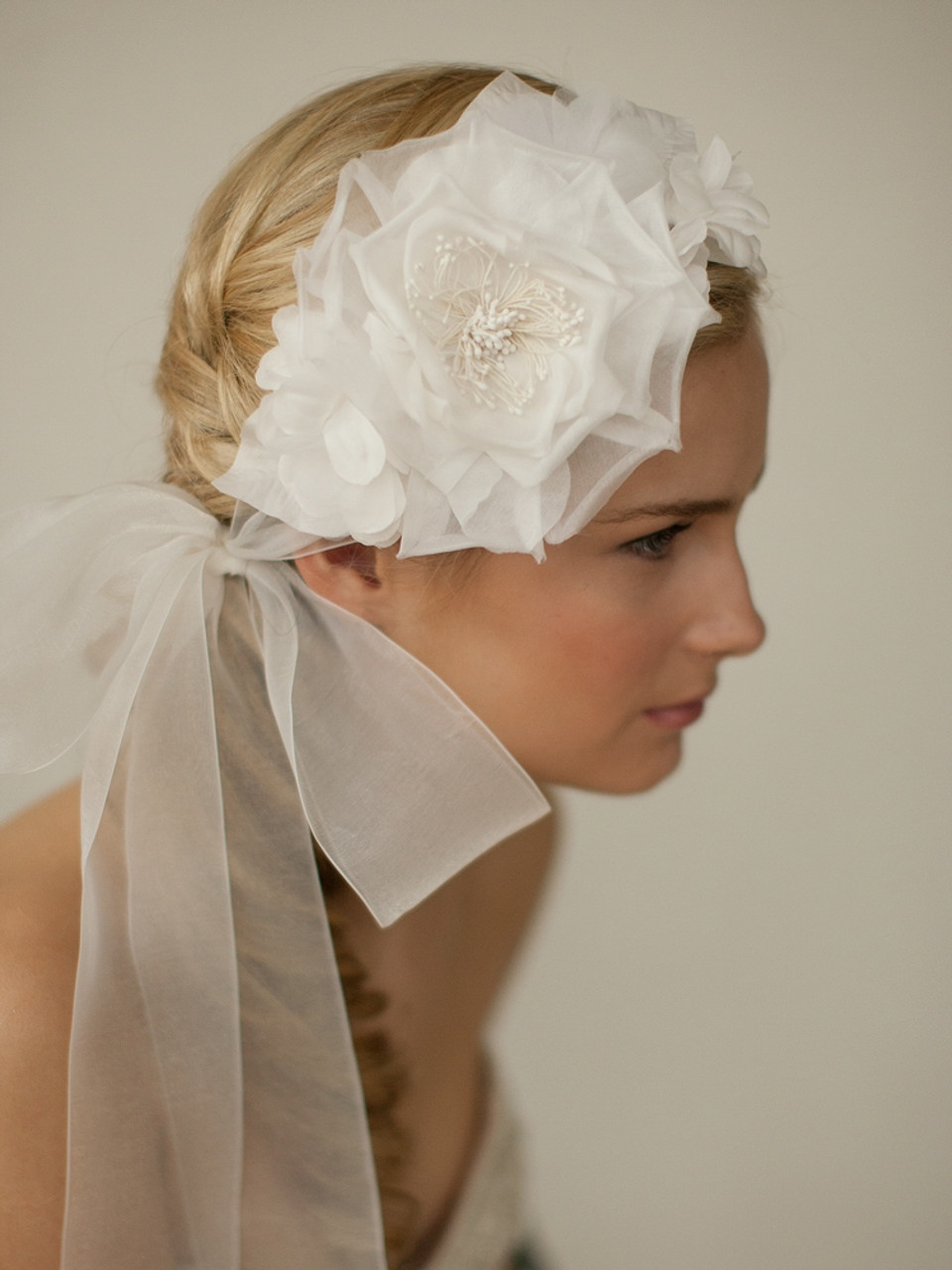 Handmade Ivory Silk Flower Bridal Headband with Wide Sheer Ribbon