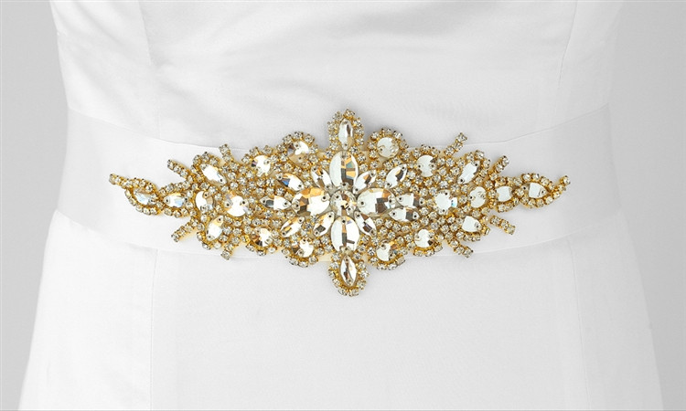  Opulent White Satin Bridal Sash with Gold and Crystal Starburst 3886SH-W-G