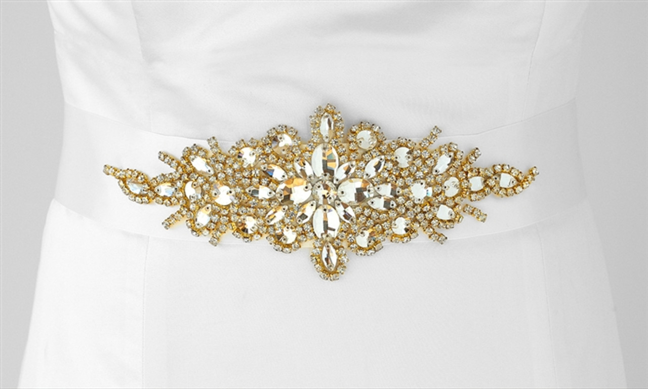 Satin Bridal Sash with Gold Austrian Crystal Starburst - White