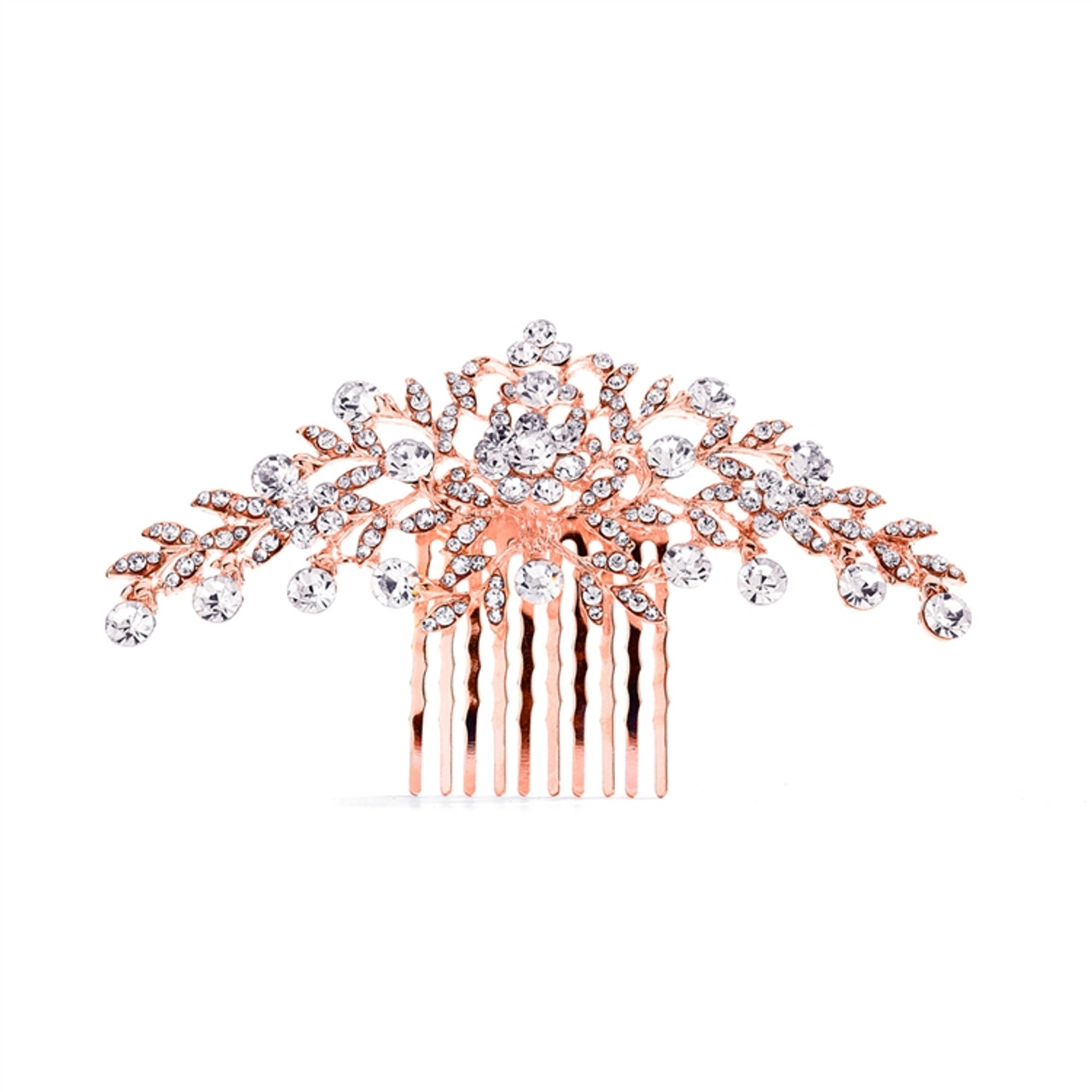 Rose Gold Crystal Wedding or Prom Comb with Shimmering Leaves