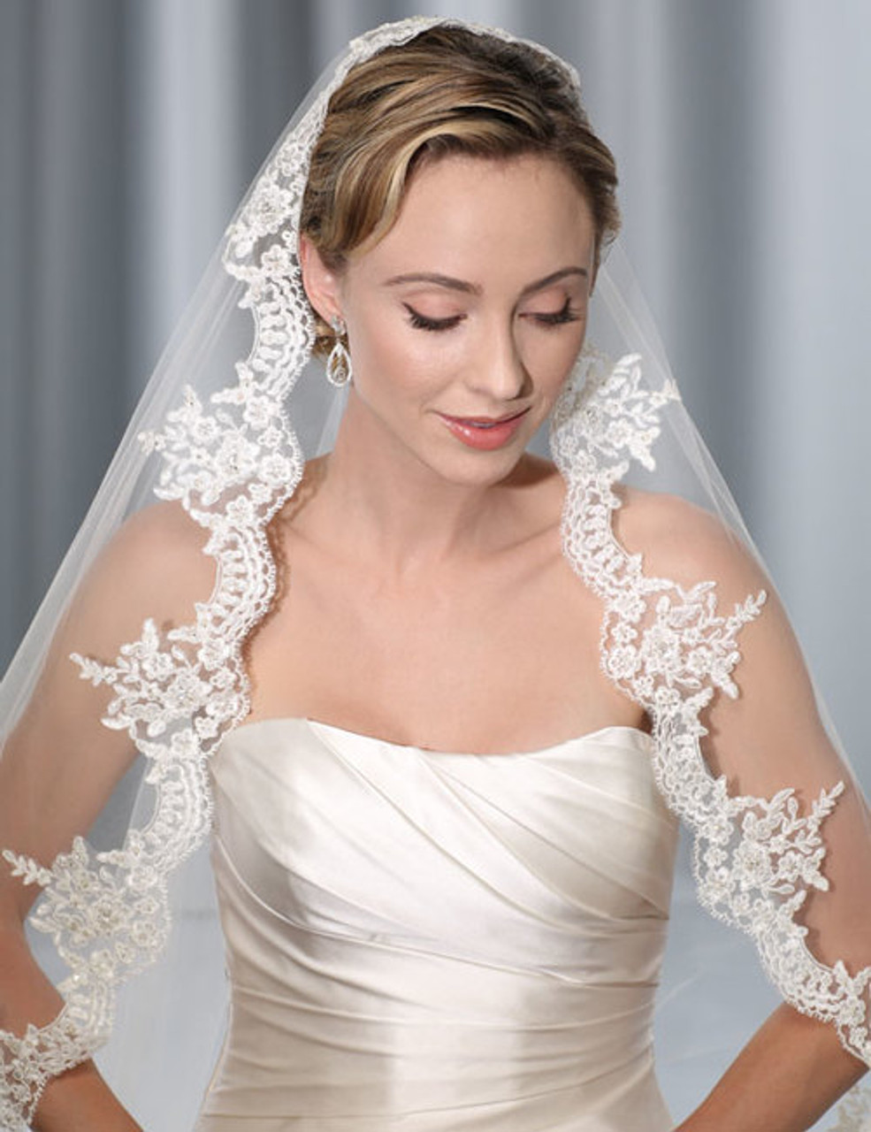 Bel Aire Bridal Wedding Veil V7175C - One Tier Cathedral Wedding Veil  Mantilla - Alencon Lace