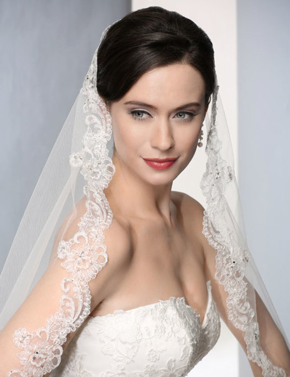 Adora by Simona Wedding Veils - Bridal Lace and 3D Flowers Mantilla Veil - Cathedral Length