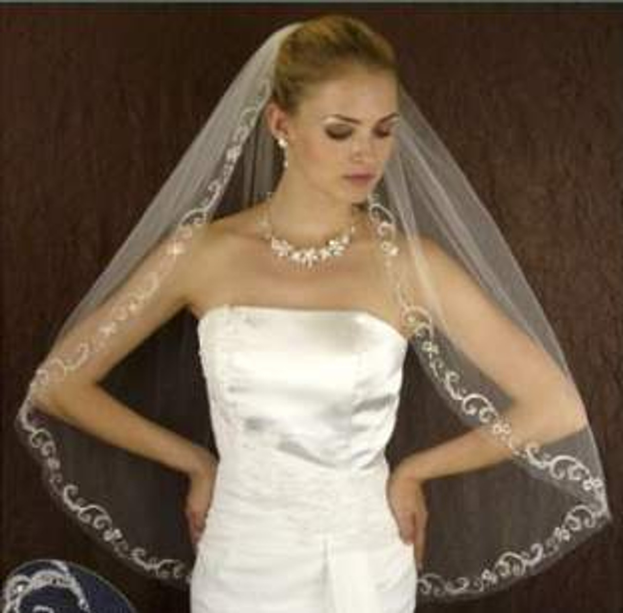 LC Bridal Style V2268-480 - One Tier Fingertip Floral Embroidery w/ Beaded