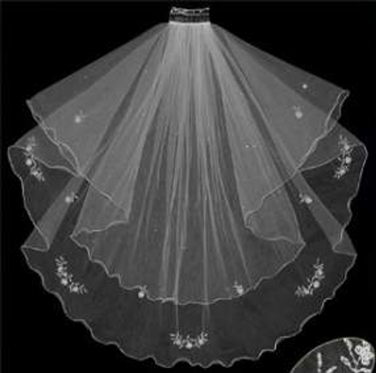 LC Bridal Style V123-420 - Two Tier Beaded Fingertip w/ Swarovski Rhinestone Veil