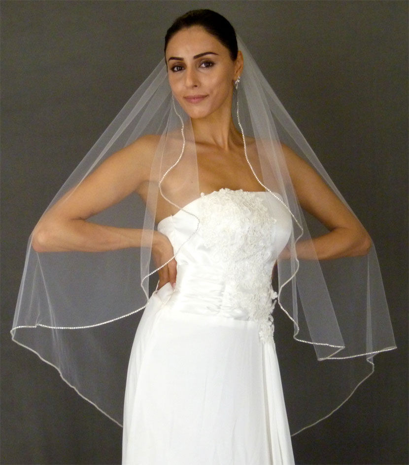 LC Bridal Style V2708-650 - One Tier Fingertip Angel Cut w/ Rhinestone Edge Veil