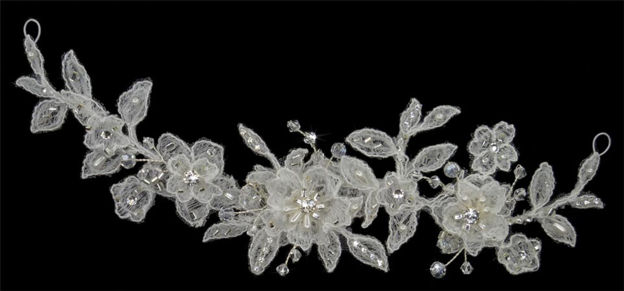 LC Bridal Headband Style 1808 - Floral Applique w/ Rhinestone & Crystal