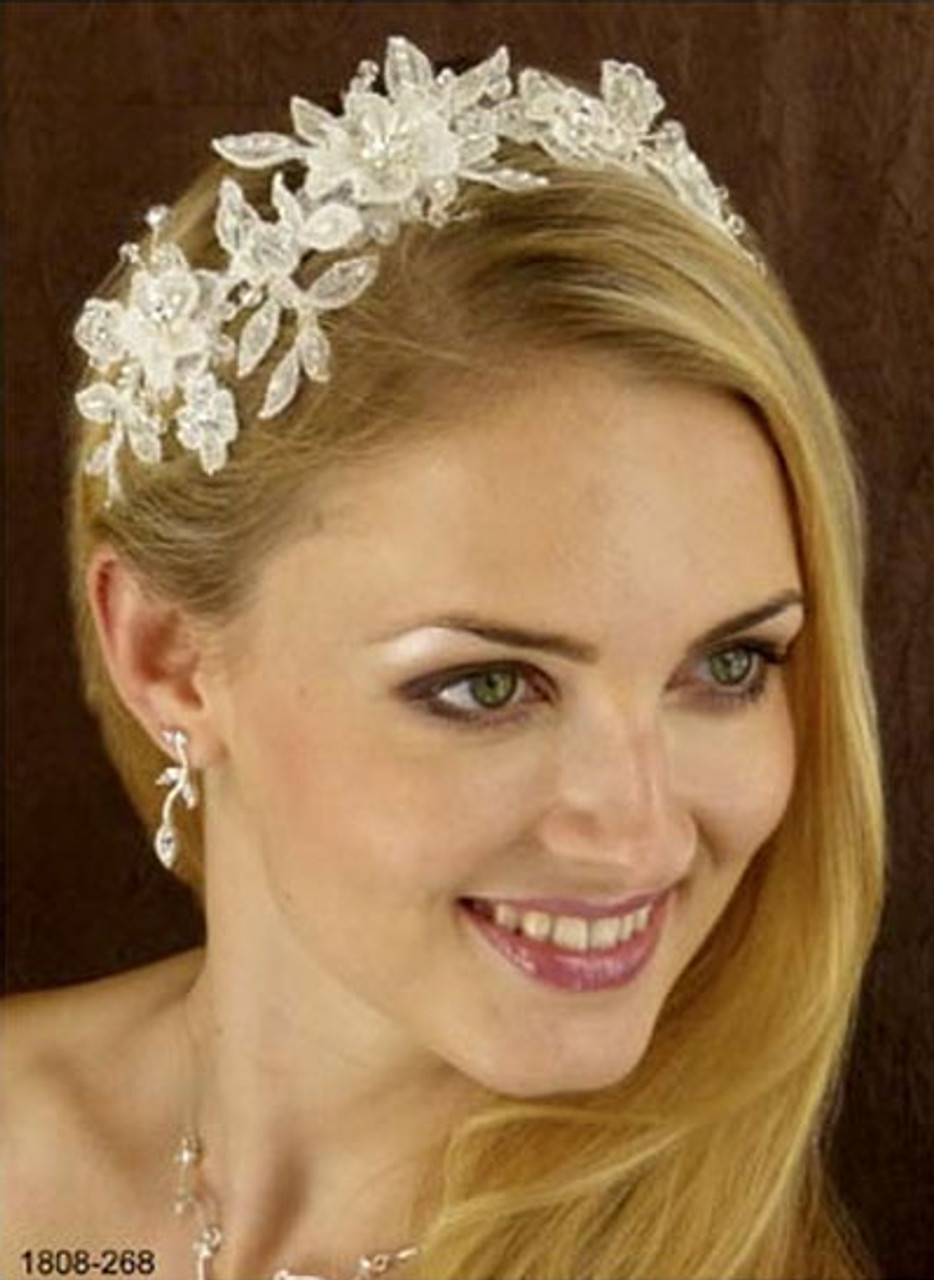 LC Bridal Headband Style 1808 - Floral Applique w/ Rhinestone & Crystal