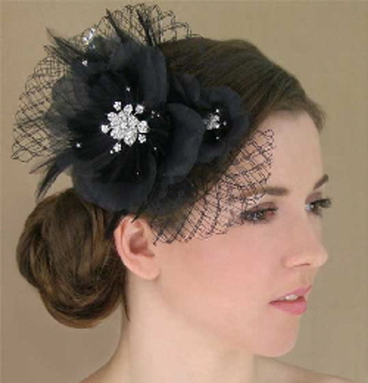 LC BRIDAL 1773-245  Feather and organza flower on French netting adorned with Swarovski rhinestone metal floral