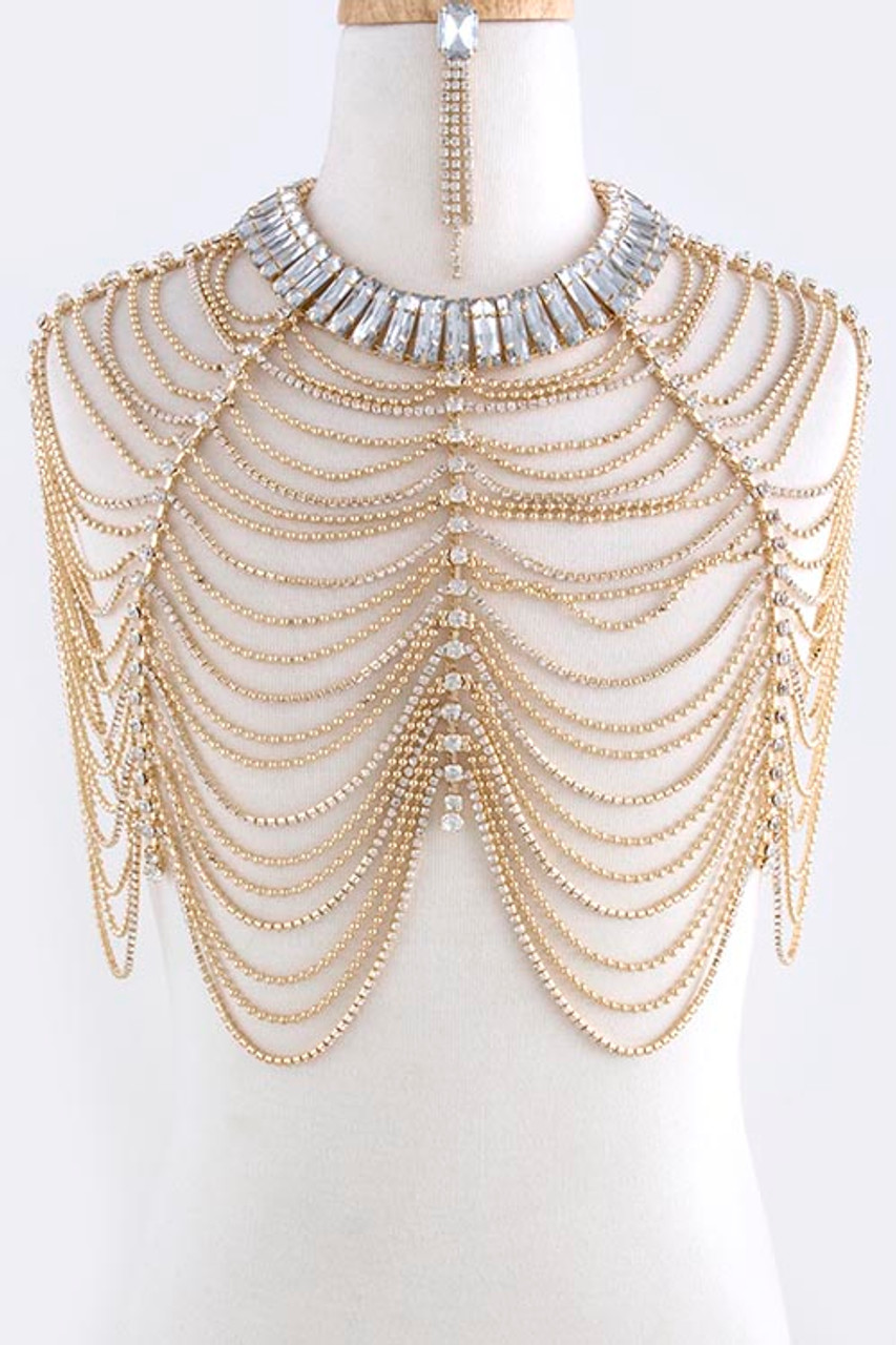 Drop Crystal Fringe Rope Body Chain Jacket & Earrings