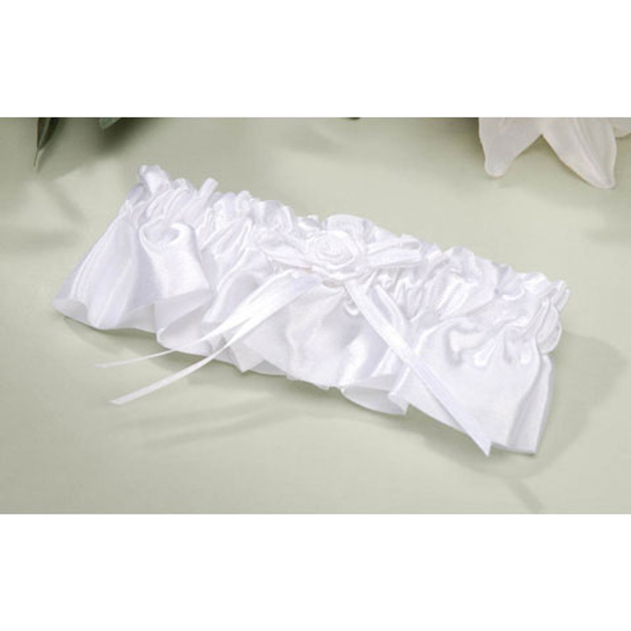 Bridal Satin Garter - Rose with Ribbon Embellishment - White
